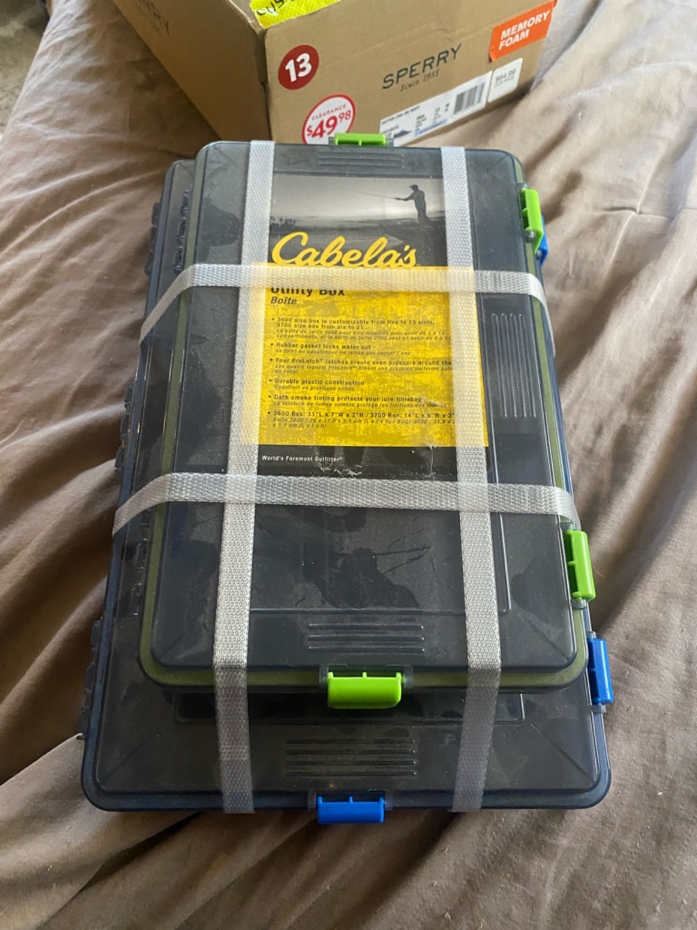 Cabela's Black and Green Stackable Tackle Boxes with Blue Clips